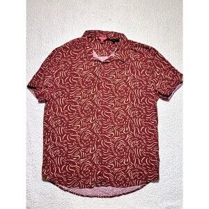 GUESS Men's Short Sleeve Button Up Shirt Red Abstract Graphic Print Size L